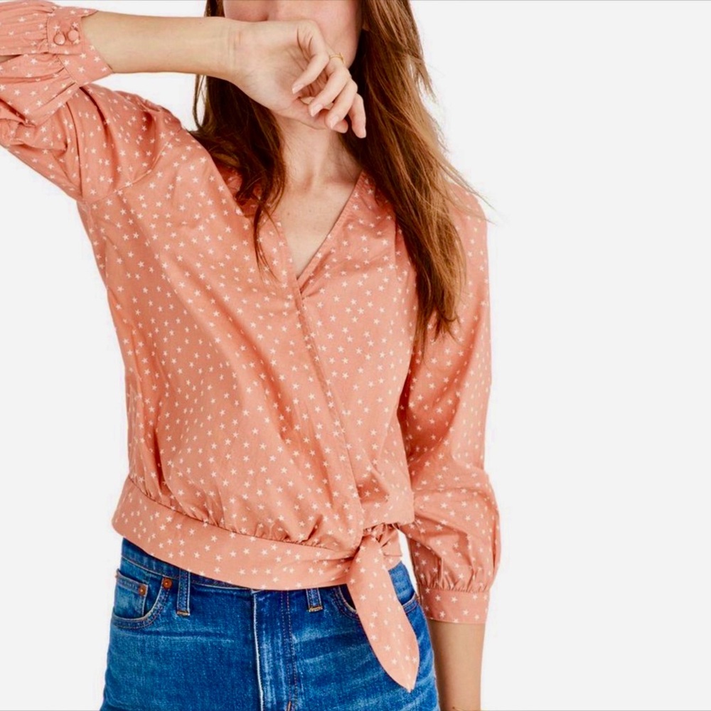 Madewell Star Scatter Wrap Tie‎ Blouse Orange with White Stars Size XXS